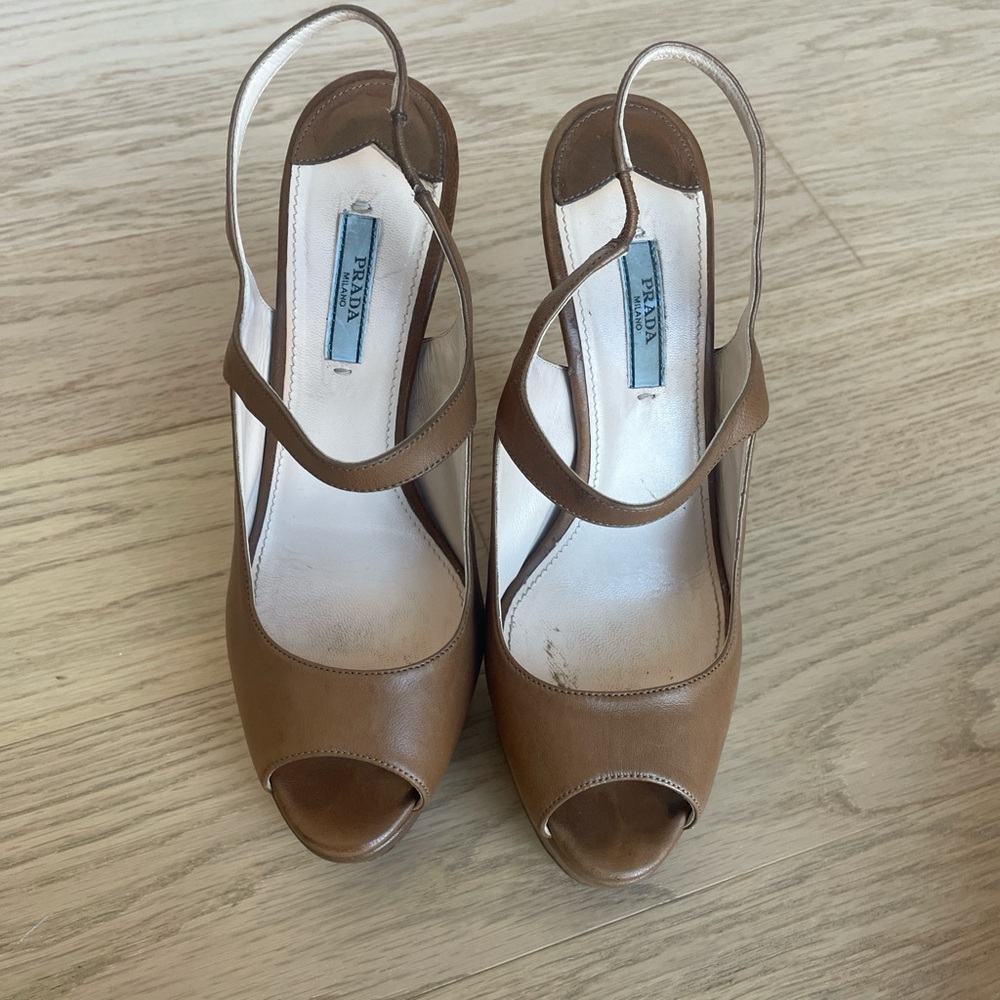 Prada Women's Tan Peep-Toe Heels